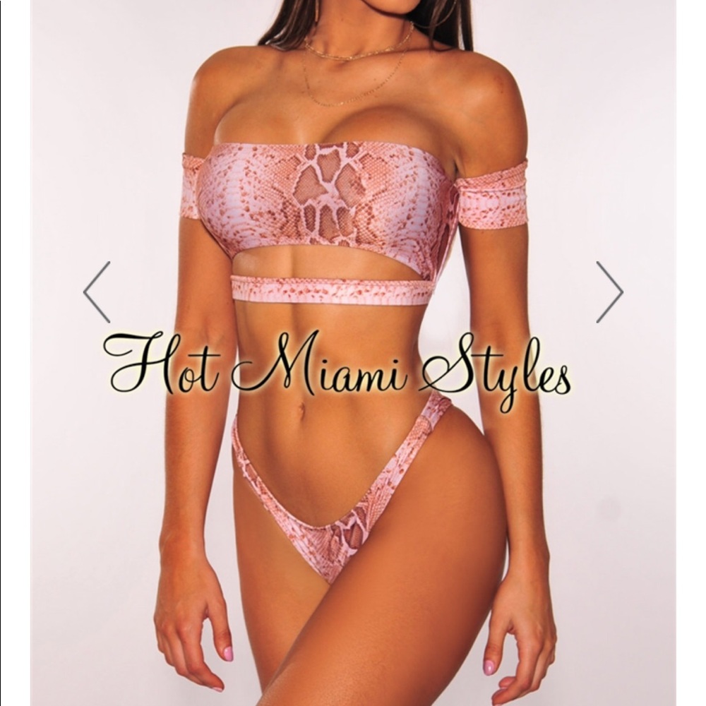 Nude Snake Print Off Shoulder Scrunch Butt Bikini
